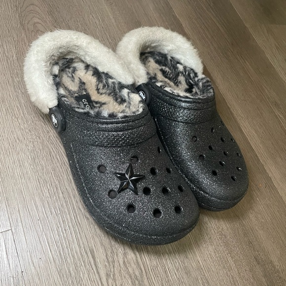 CROCS Black Sparkle Clogs with Plush Lining - Picture 1 of 6